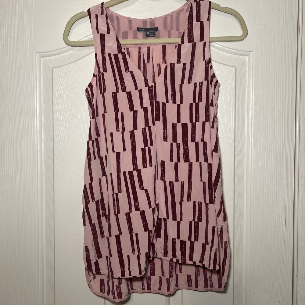 Vince Womens Pink Burgundy Abstract Print 100% Silk V-Neck Sleeveless‎ Blouse XS